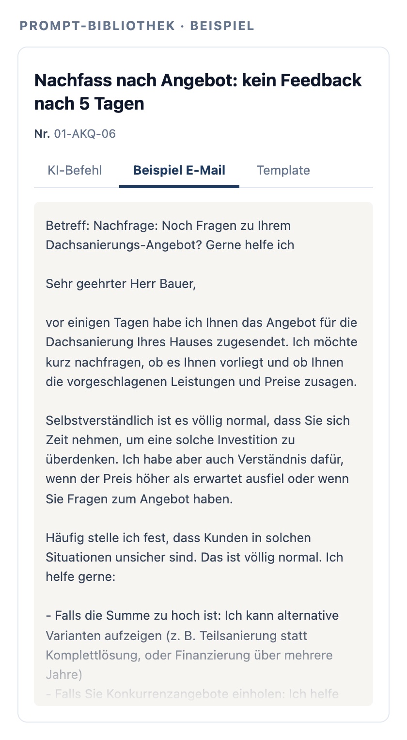 Prompt-Karte aus der Bibliothek: Nachfass nach Angebot: kein Feedback nach 5 Tagen