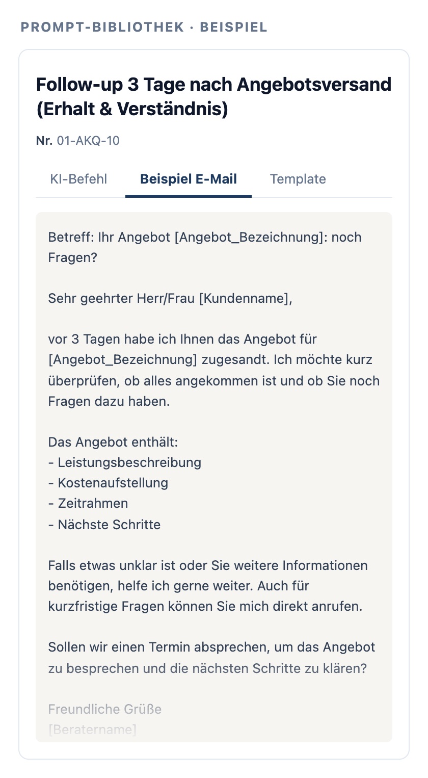 Prompt-Karte aus der Bibliothek: Follow-up 3 Tage nach Angebotsversand (Erhalt & Verständnis)