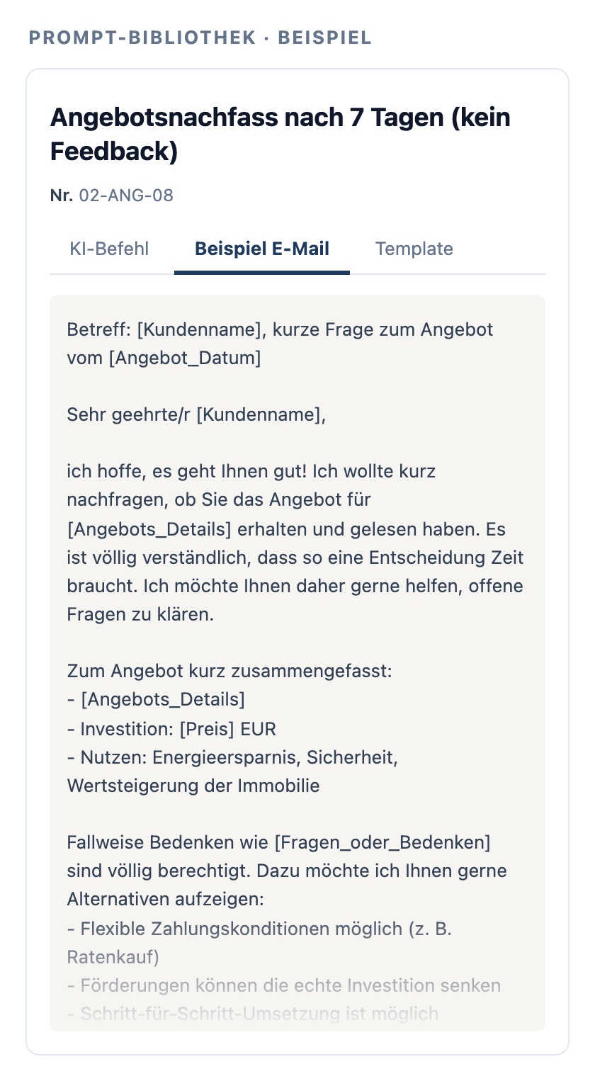 Prompt-Karte aus der Bibliothek: Angebotsnachfass nach 7 Tagen (kein Feedback)