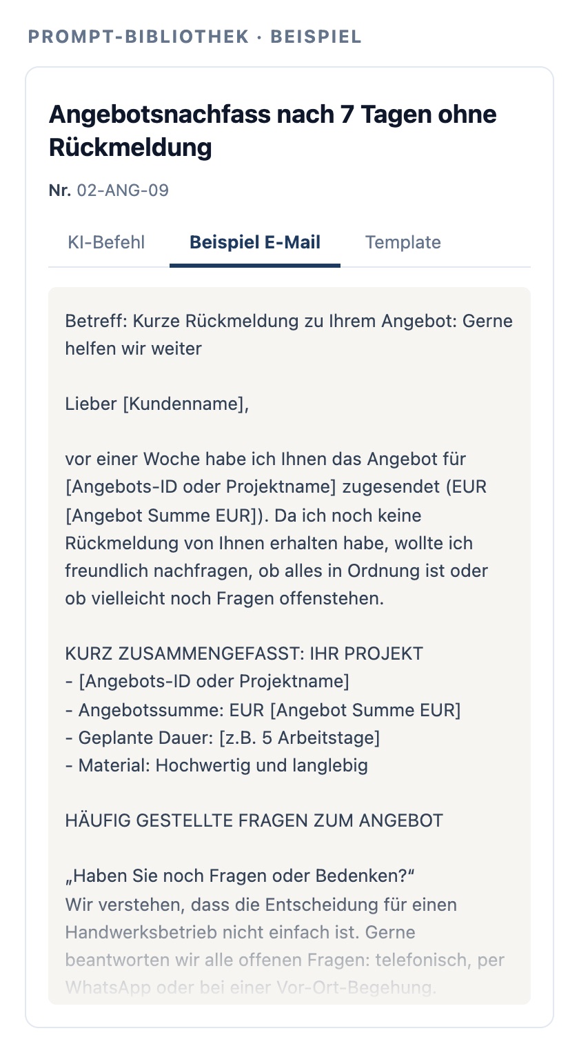 Prompt-Karte aus der Bibliothek: Angebotsnachfass nach 7 Tagen ohne Rückmeldung