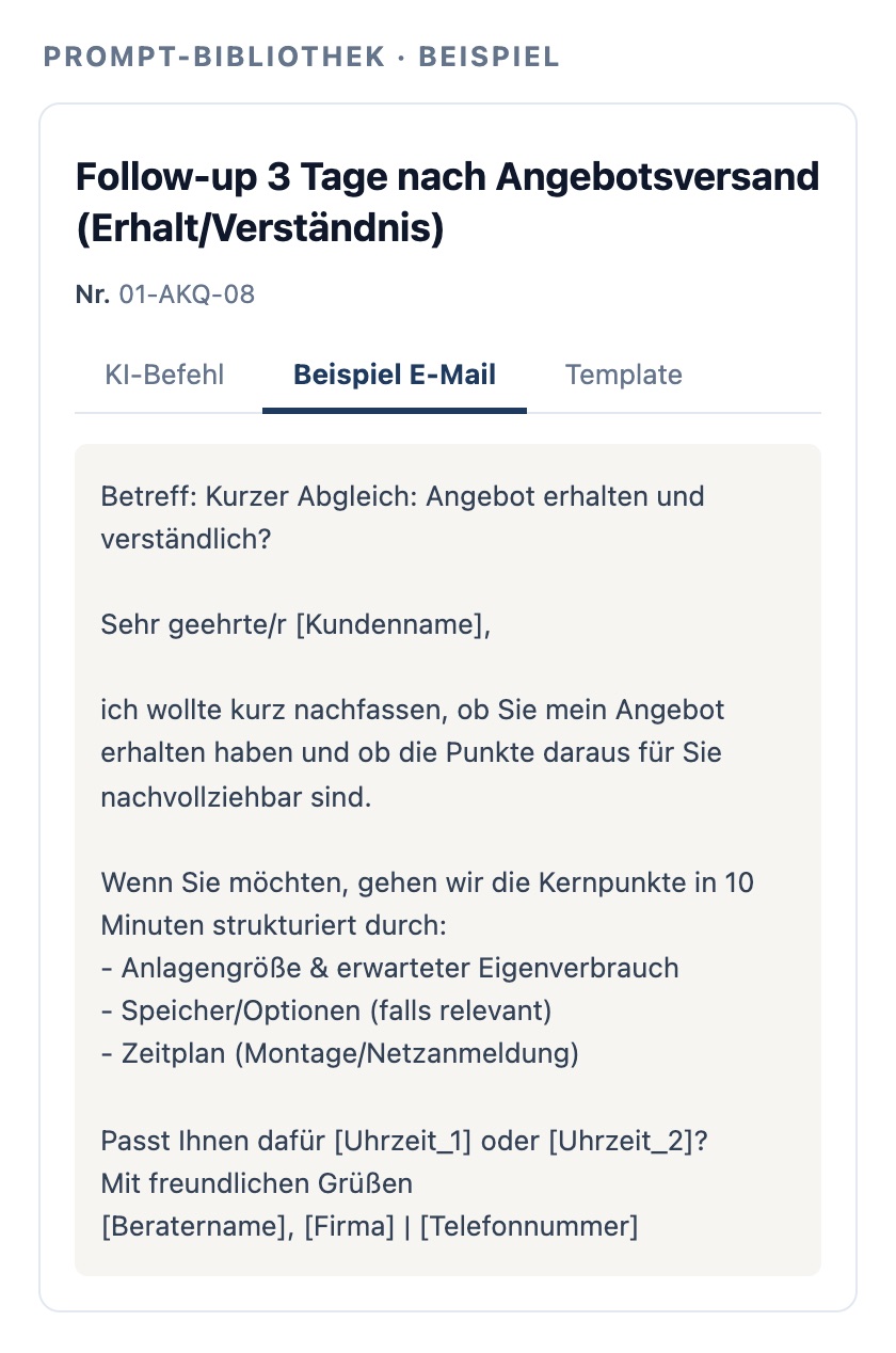 Prompt-Karte aus der Bibliothek: Follow-up 3 Tage nach Angebotsversand (Erhalt/Verständnis)