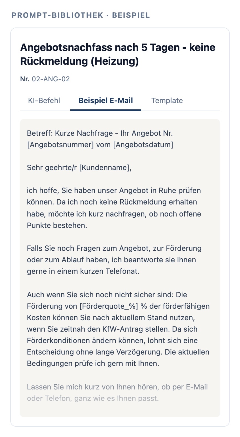 Prompt-Karte aus der Bibliothek: Angebotsnachfass nach 5 Tagen - keine Rückmeldung (Heizung)